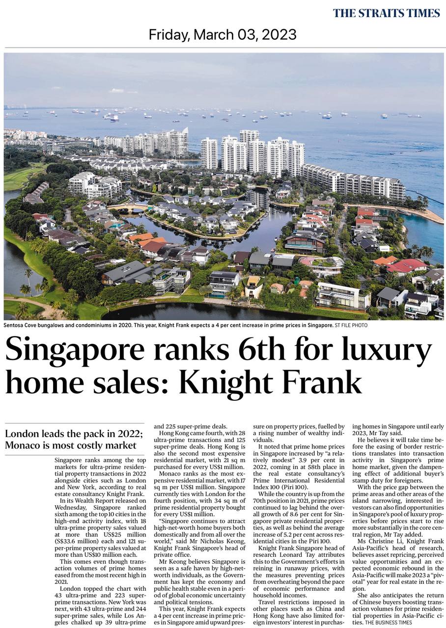 Singapore Ranks 6Th For Luxury Home Sales Knight Frank